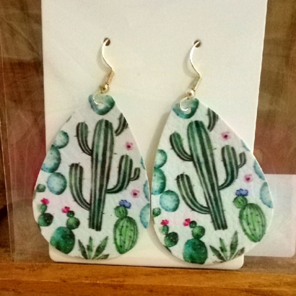 Cactus Print Handmade Faux Leather Earrings